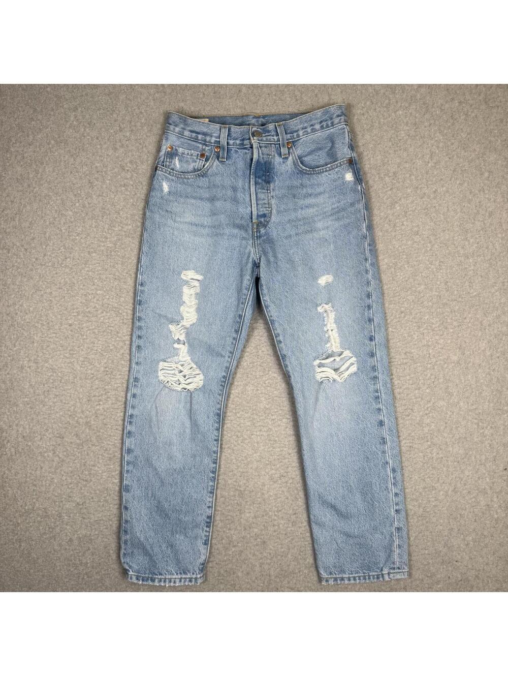 Levis 501 Premium Men's Size 27x26 Light Wash Blue Distressed Jeans Button Fly